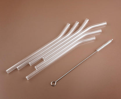 Glass Drinking Straws Curved & Straight Transparent Reusable + Cleaning Brush