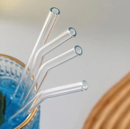 Glass Drinking Straws Curved & Straight Transparent Reusable + Cleaning Brush